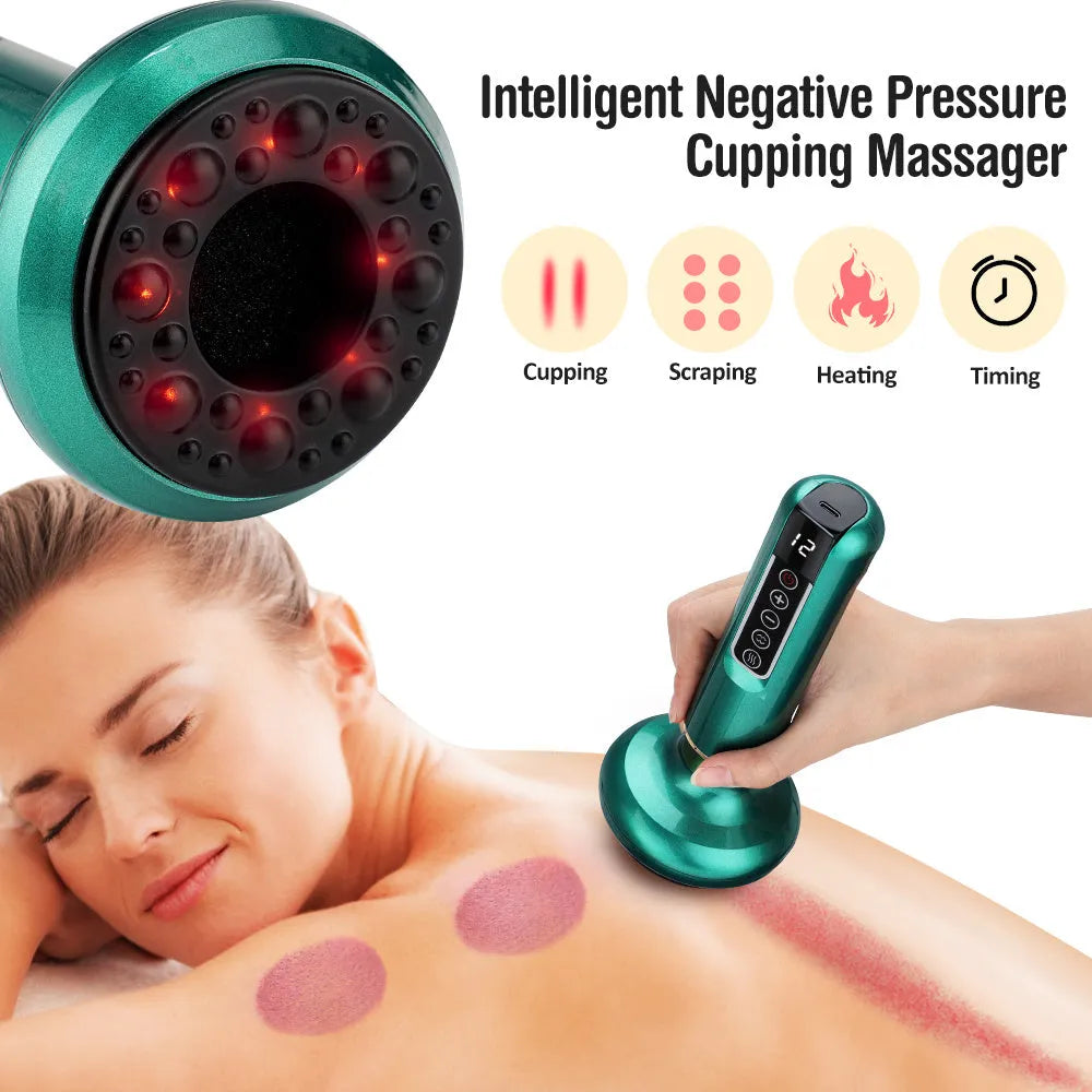 Green electric vacuum cupping massager with USB charger and instruction manual