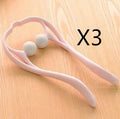 Blue plastic handheld neck and shoulder massager with adjustable stand and removable soft head on a white background.