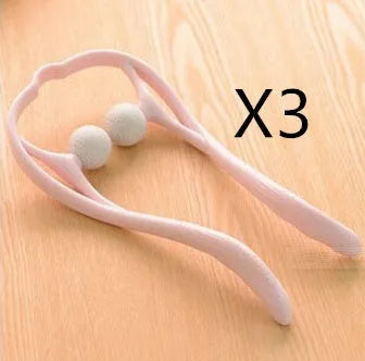 Blue plastic handheld neck and shoulder massager with adjustable stand and removable soft head on a white background.