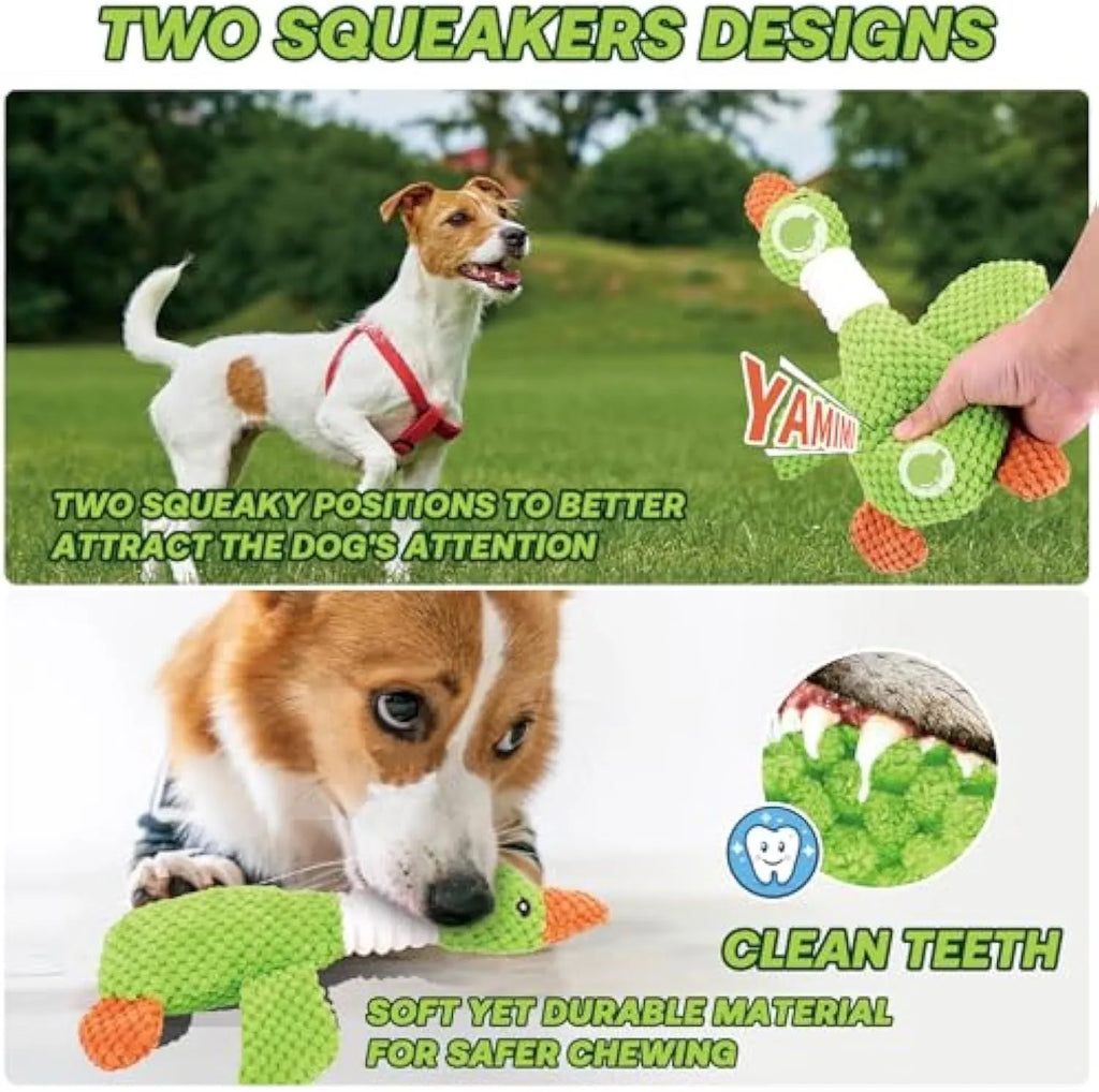 Blue plush duck dog chew toy with two squeakers measuring 33cm by 10cm