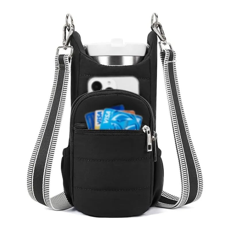 Cloth water bottle bag mounted on bicycle handlebars in beige colour