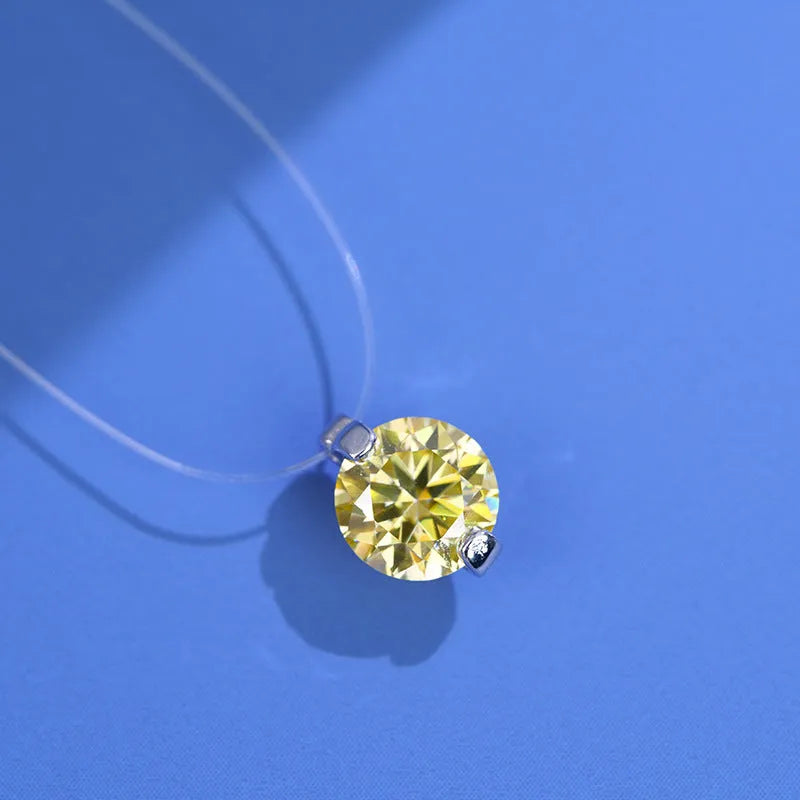 Close-up of a women's S925 silver moissanite pendant necklace on an invisible fishing line chain.