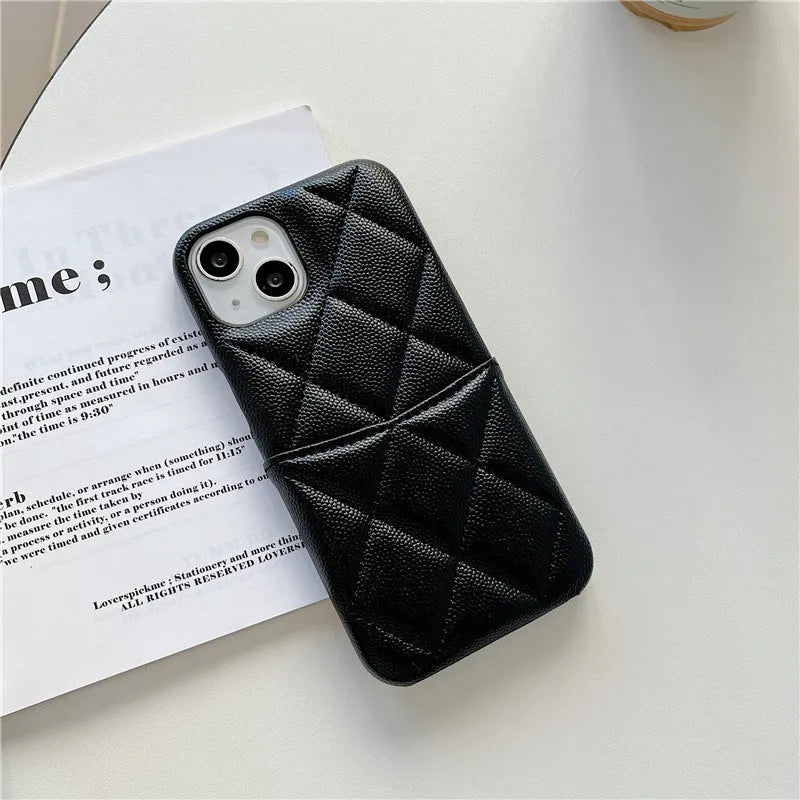 Imitation leather phone case with rhombus grid and card slot for iPhone in mint green