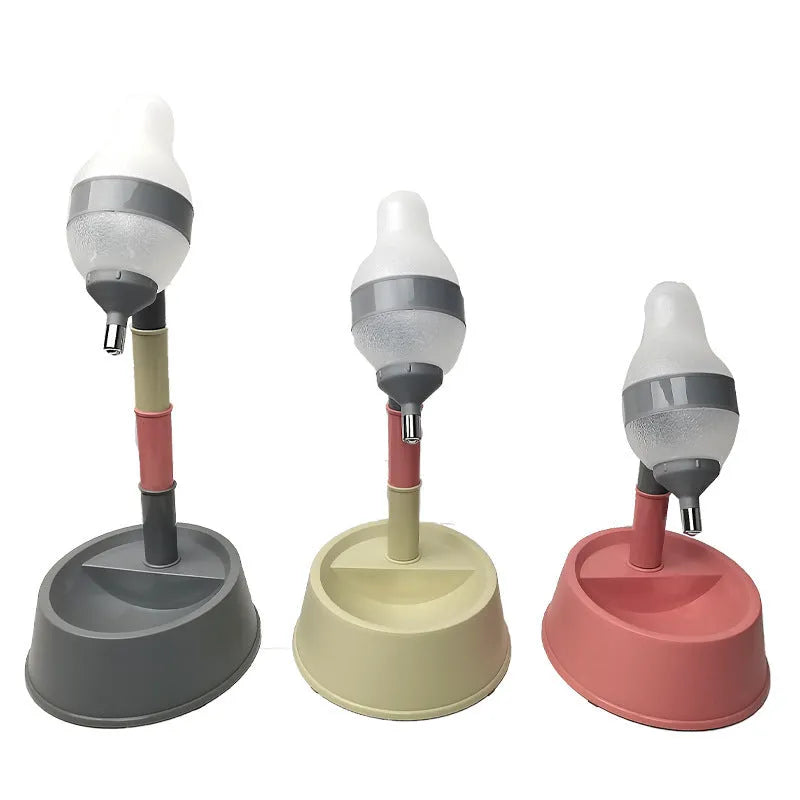 Green adjustable standing pet water dispenser with detachable pole and separate bowl on a stable base.
