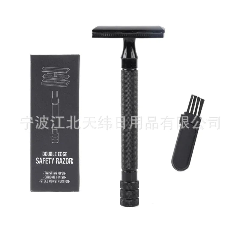 Traditional manual shaving razor and brush combination kit in black and silver metal finishes.