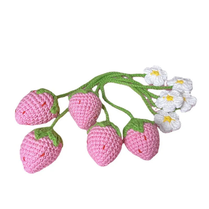 Handmade wool crochet woven strawberry pendant on 35cm cord, available in red or pink colours