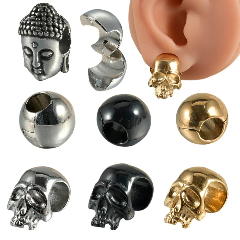 Stainless steel hollow geometric skull and Buddha head earrings with electroplated finish