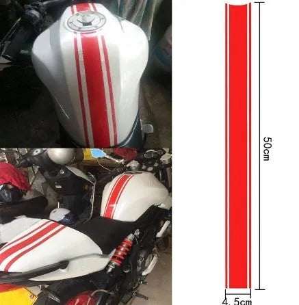Motorcycle tank reflective pinstripe decal in black colour showing 50cm length vinyl strip