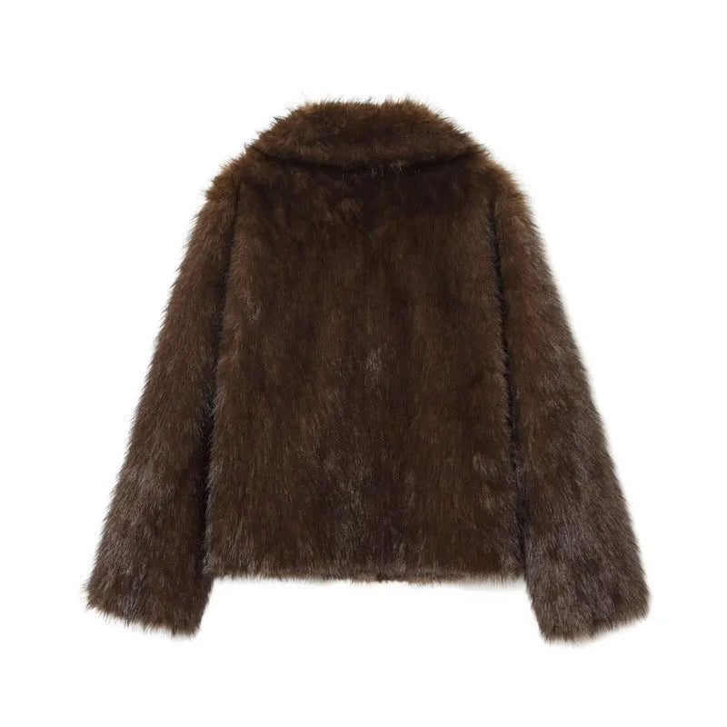 Women's double-sided artificial fur effect jacket coat with faux fur collar in brown colour
