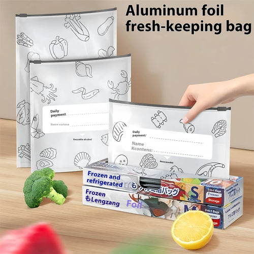 Pack of ten aluminium foil fresh-keeping bags in three sizes: small, medium, and large.