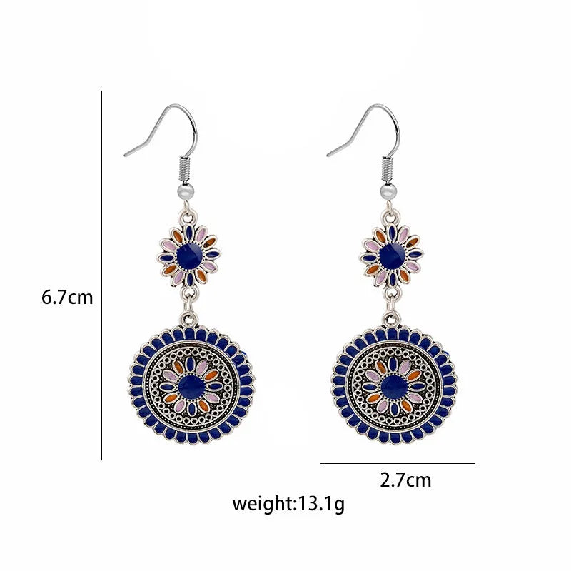 Exaggerated retro bohemian round sunflower earrings in blue and green alloy for women