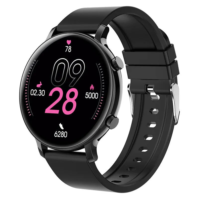 Stainless steel Bluetooth calling smartwatch with genuine leather strap showing screen display
