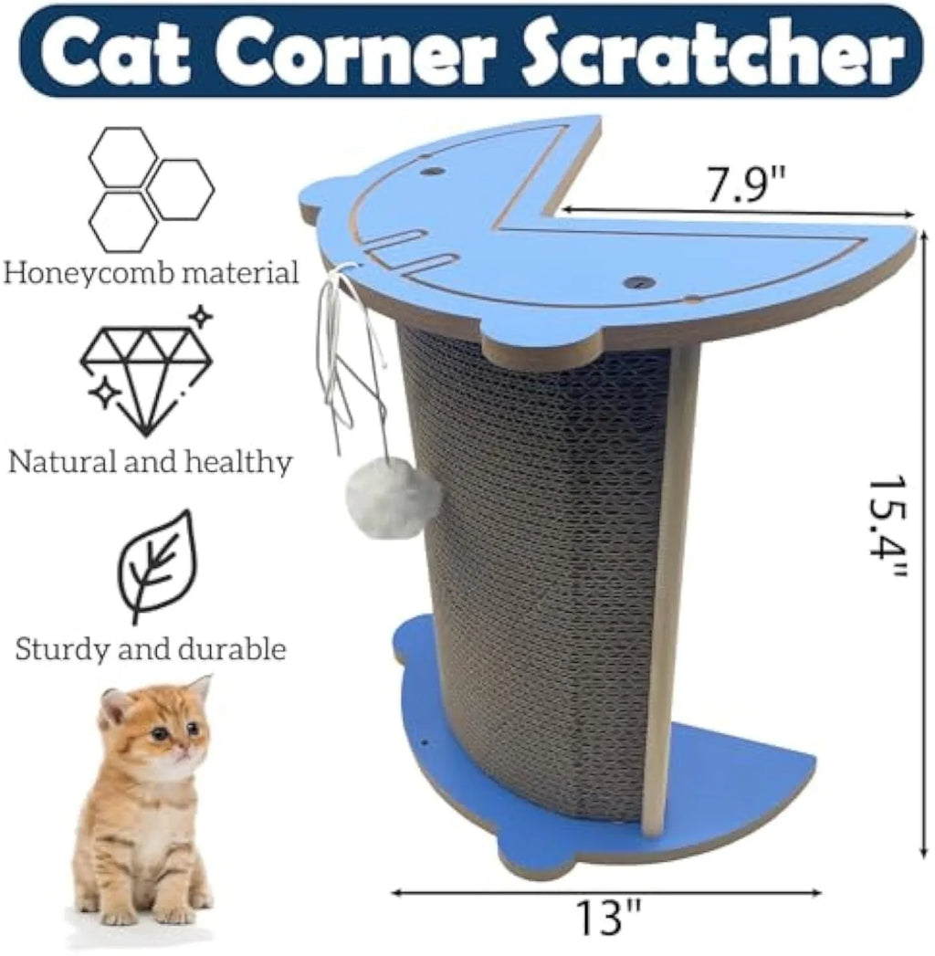 Grey cat corner scratcher with hanging ball mounted in a room corner.