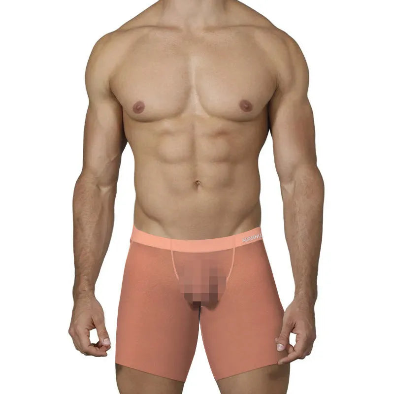 Men's low waist boxer underwear in orange, pink and red colours made from breathable ice silk nylon fabric