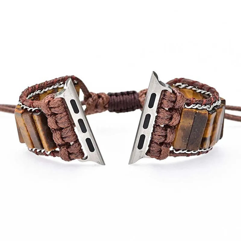 Men's rectangular tiger eye stone pattern textile watch strap with adjustable chain.