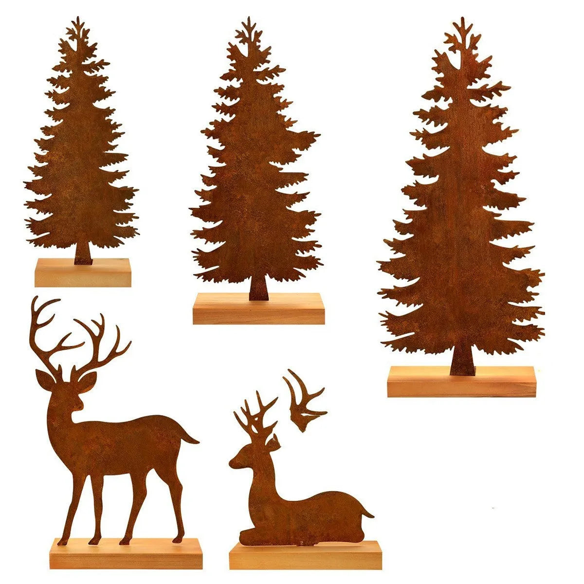 Set of three rusty iron Christmas tree ornaments on a wooden surface