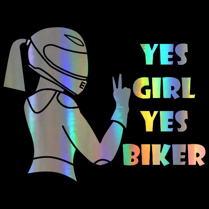 Girl Rider waterproof car sticker measuring 16cm by 15cm in black, white, and laser colours