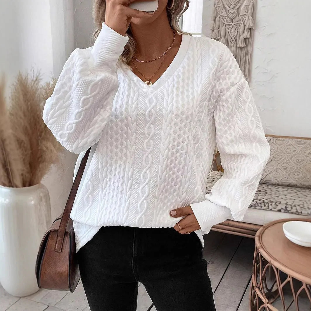 Milky white Japanese Korean casual loose T-shirt with 3D pattern long sleeves