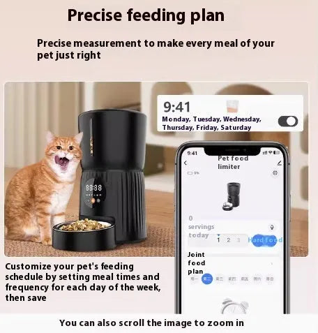Black automatic pet feeder with digital display and food hopper for scheduled feeding