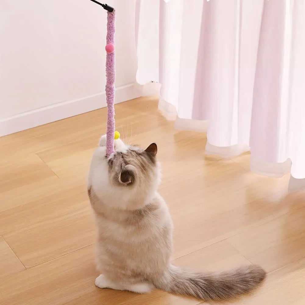 Blue interactive cat wand toy with a long plush strip and a fluffy ball with bells.