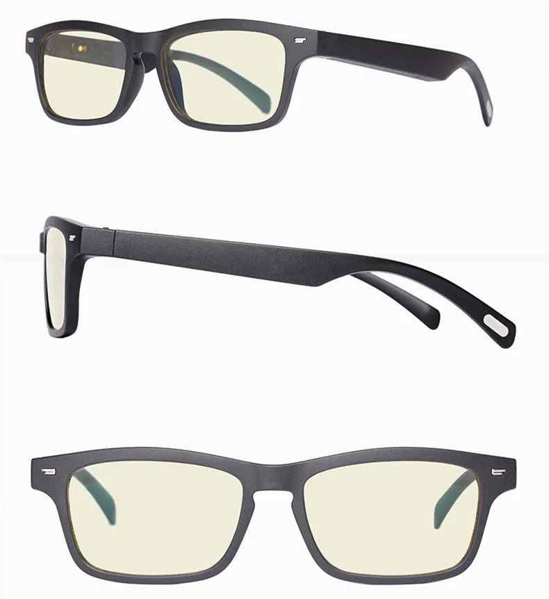 Smart glasses with Bluetooth open-ear audio and touch transparent anti-blue light PC polarised lenses.
