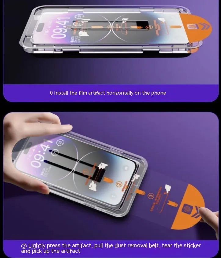 iPhone tempered glass privacy screen protector with anti-fingerprint and anti-blue light features.