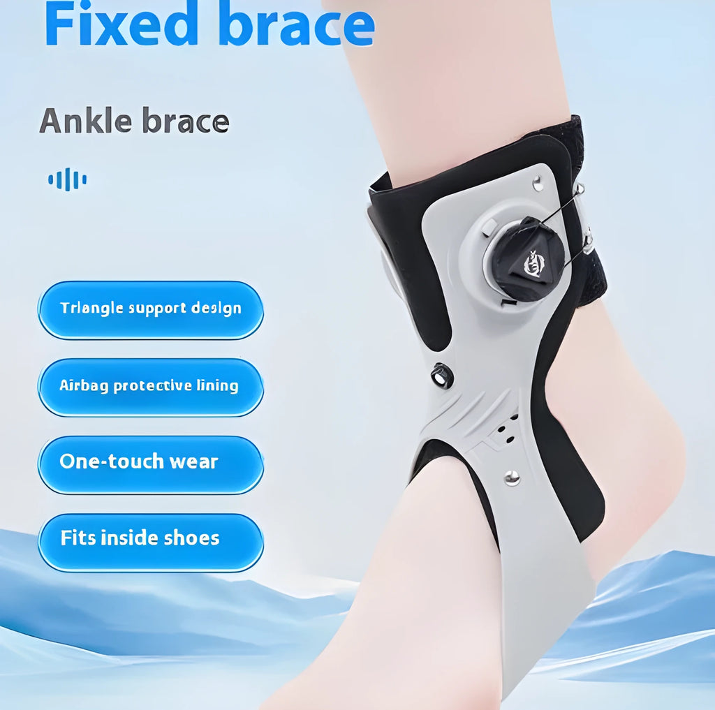 Adjustable airbag button ankle support brace in grey and black colours with left and right sizing options