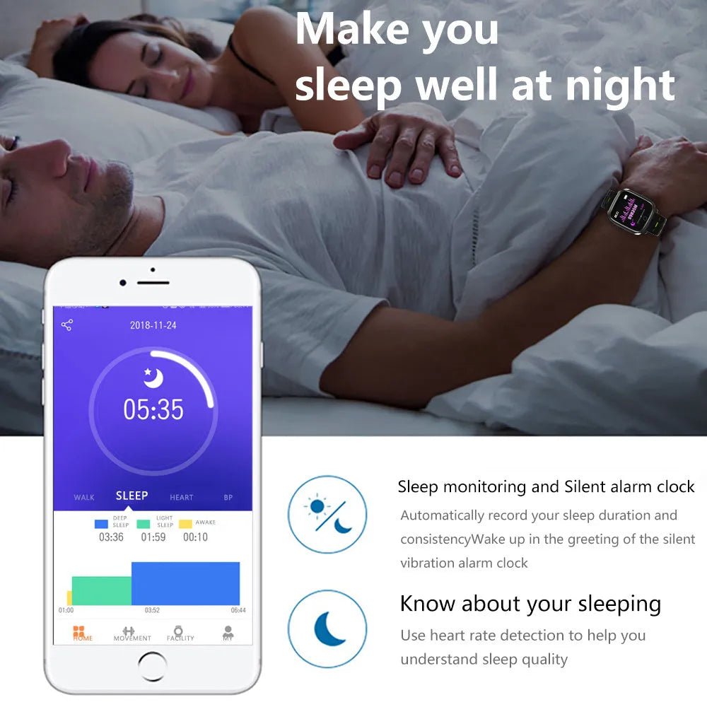 F16 smart watch with ECG monitor for blood pressure and heart rate tracking on wrist