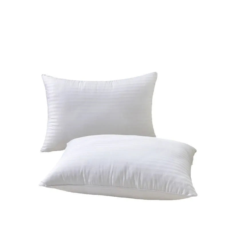 White hotel pillow with satin stripe or plain cotton cover, shown in 45x65cm, 48x74cm, and 50x80cm sizes.