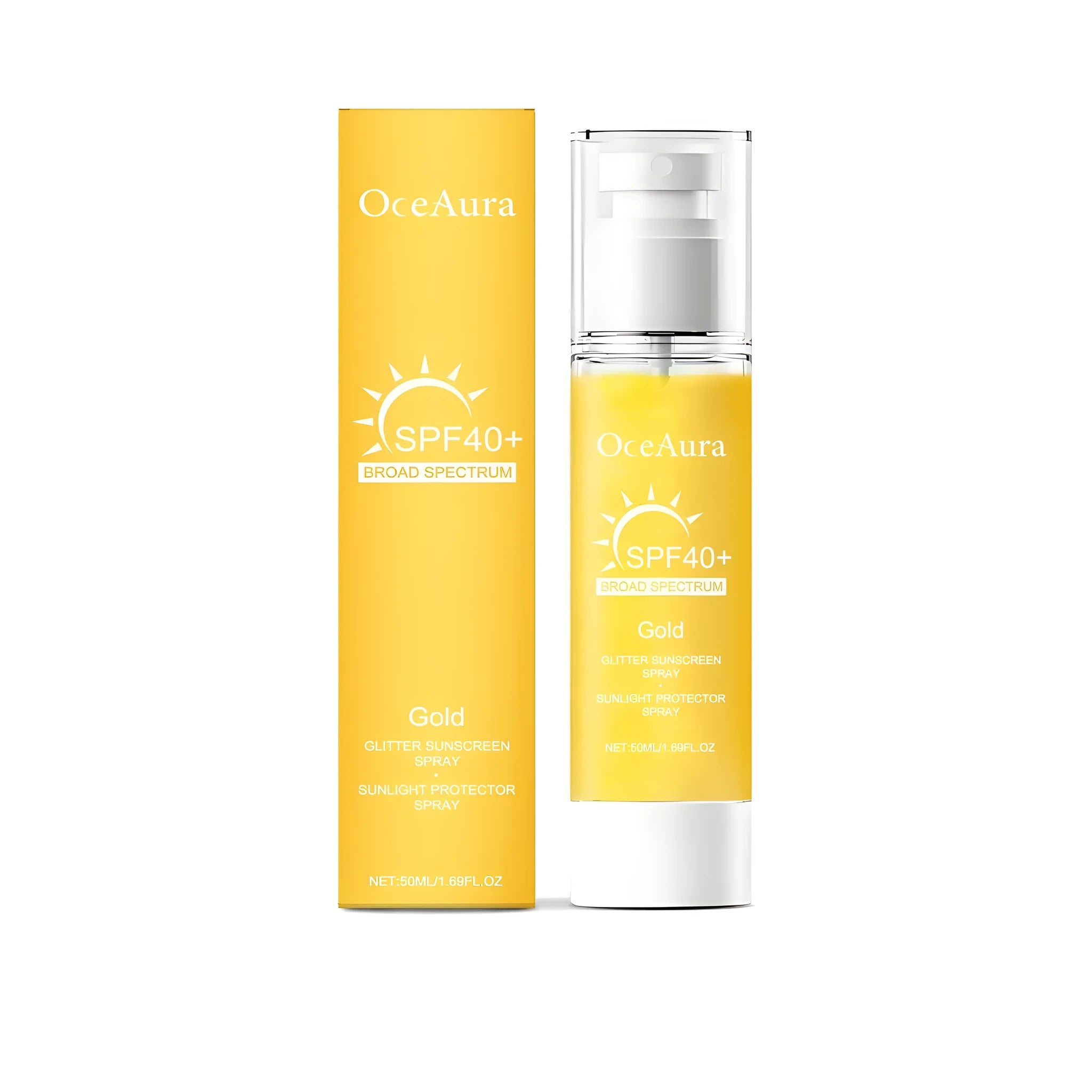 Shiny Sunscreen Spray SPF 50 in 50ml spray bottle with natural oils and titanium dioxide