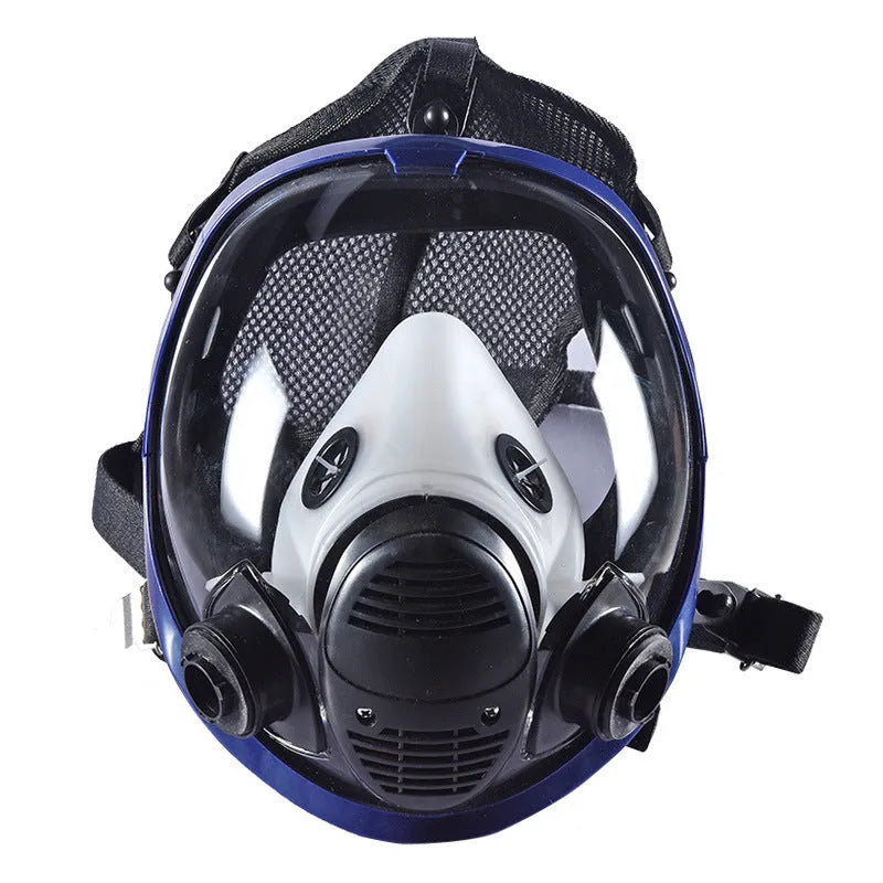 Blue edge spherical full-face gas mask with trapezoidal canister and KN95 protection