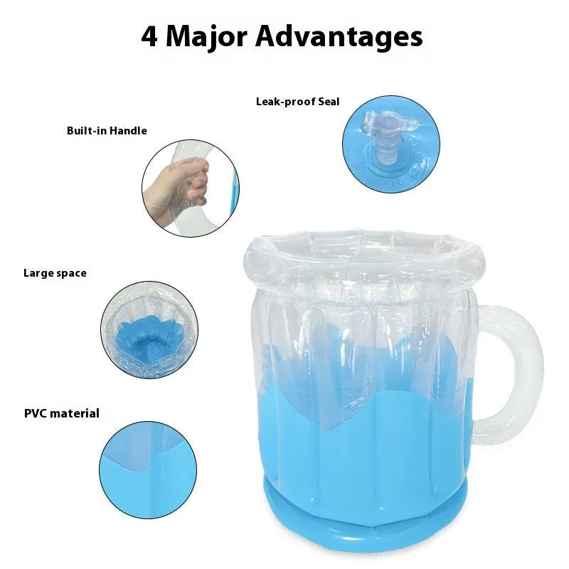 Yellow inflatable PVC ice bucket designed for beer steins, shown deflated and inflated