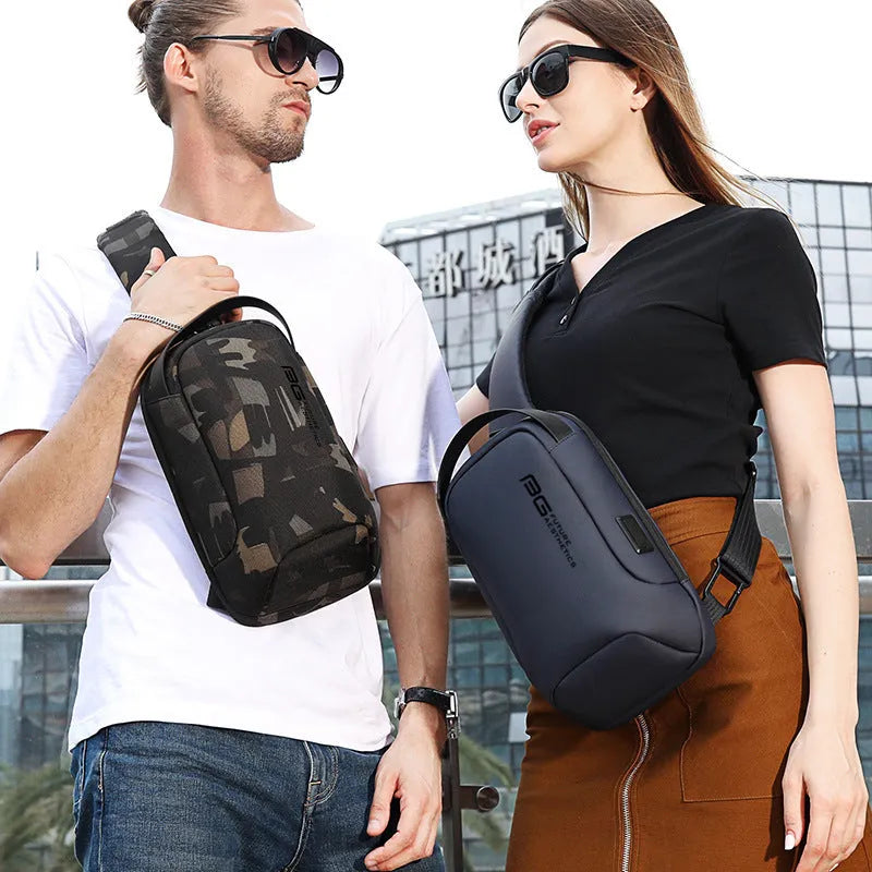 Men's blue Oxford cloth shoulder bag with a USB charging port on the front.