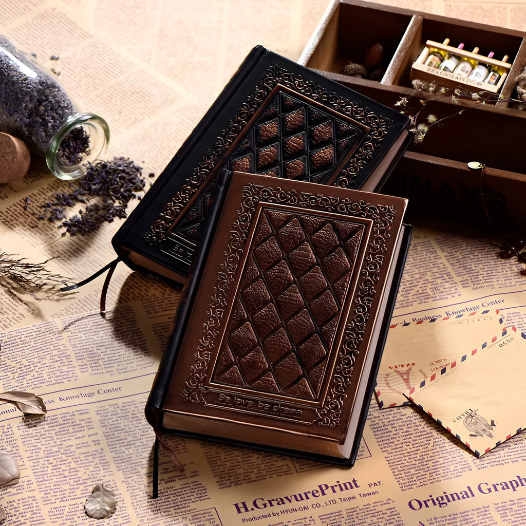 Embossed faux leather notepad with three-dimensional super thick cover in bronze or black gold colour