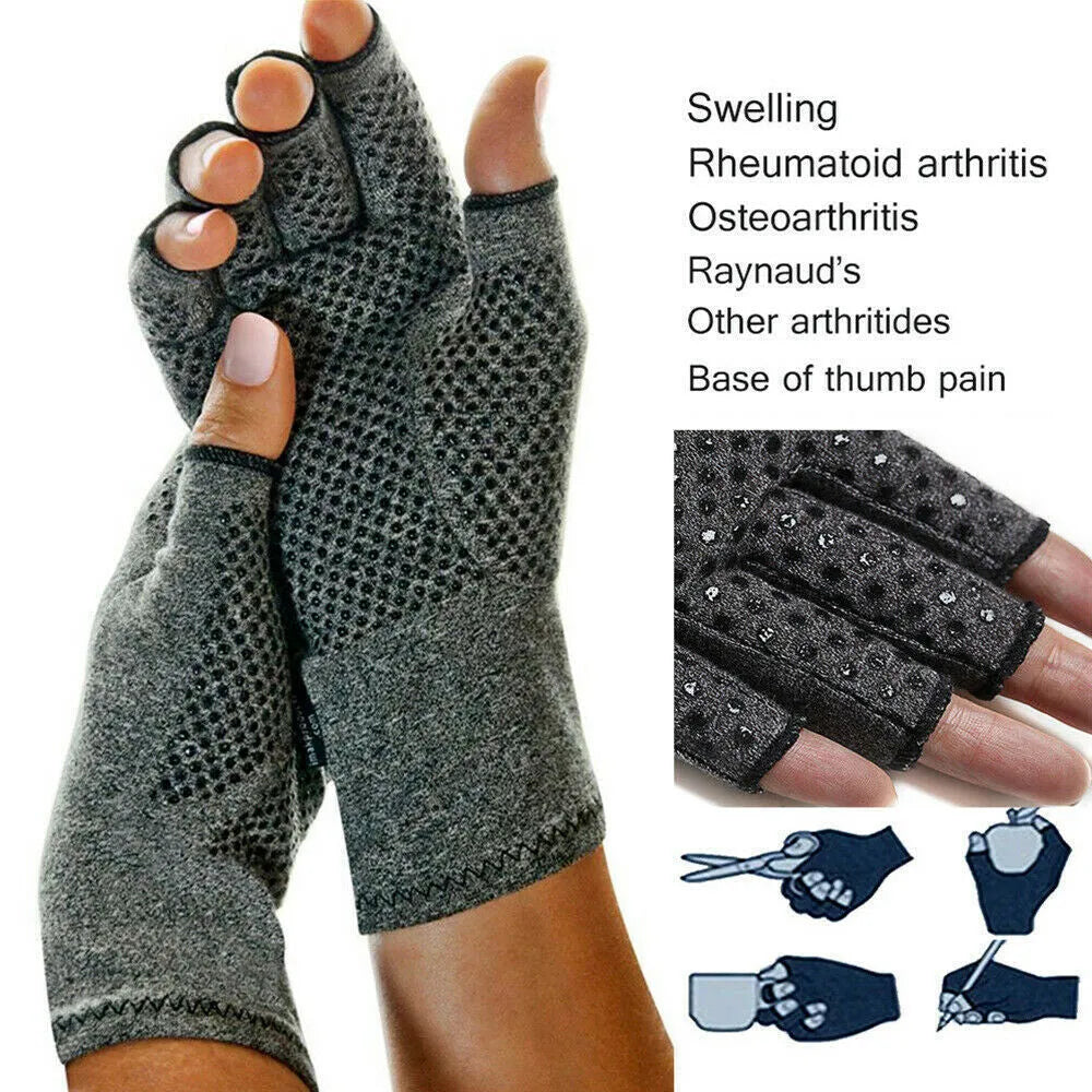 Grey half-finger joint compression gloves showing the palm and wrist coverage.