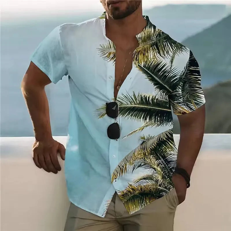 Men's floral printed beach shirt in loose cardigan style with short sleeves