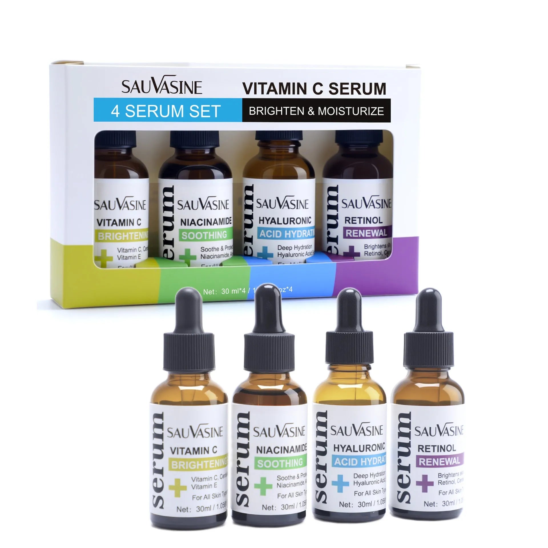 Vitamin C skincare 4-piece set with four 30ml bottles including facial essence