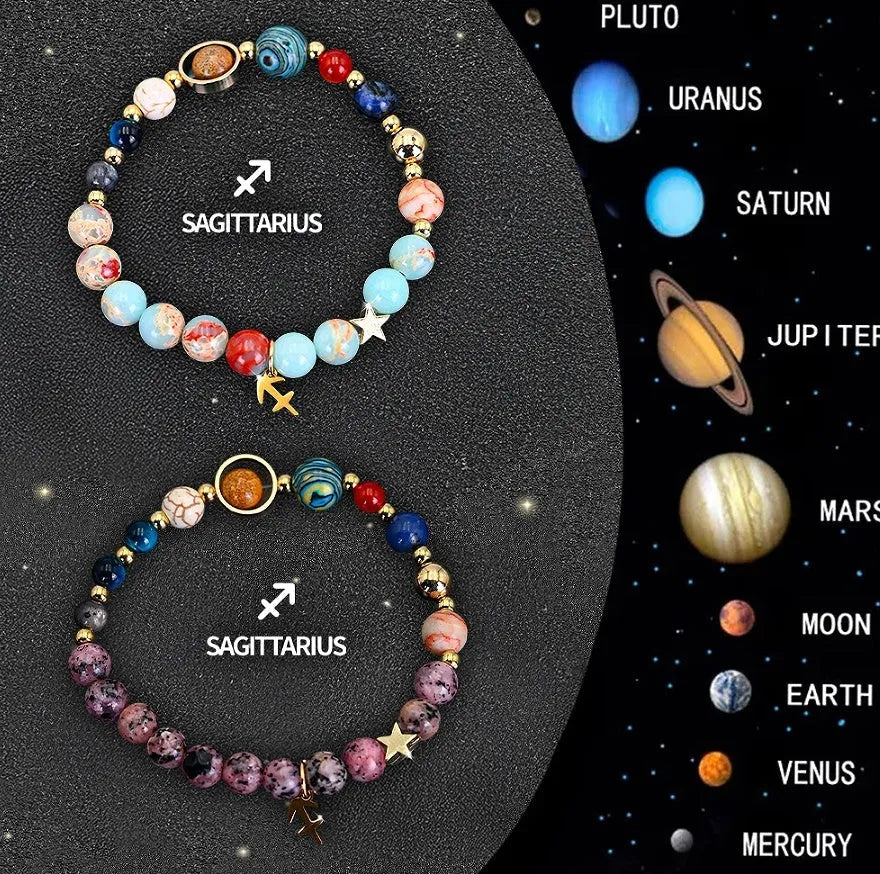 Two adjustable natural stone beaded bracelets with silver zodiac charms on a flat surface.