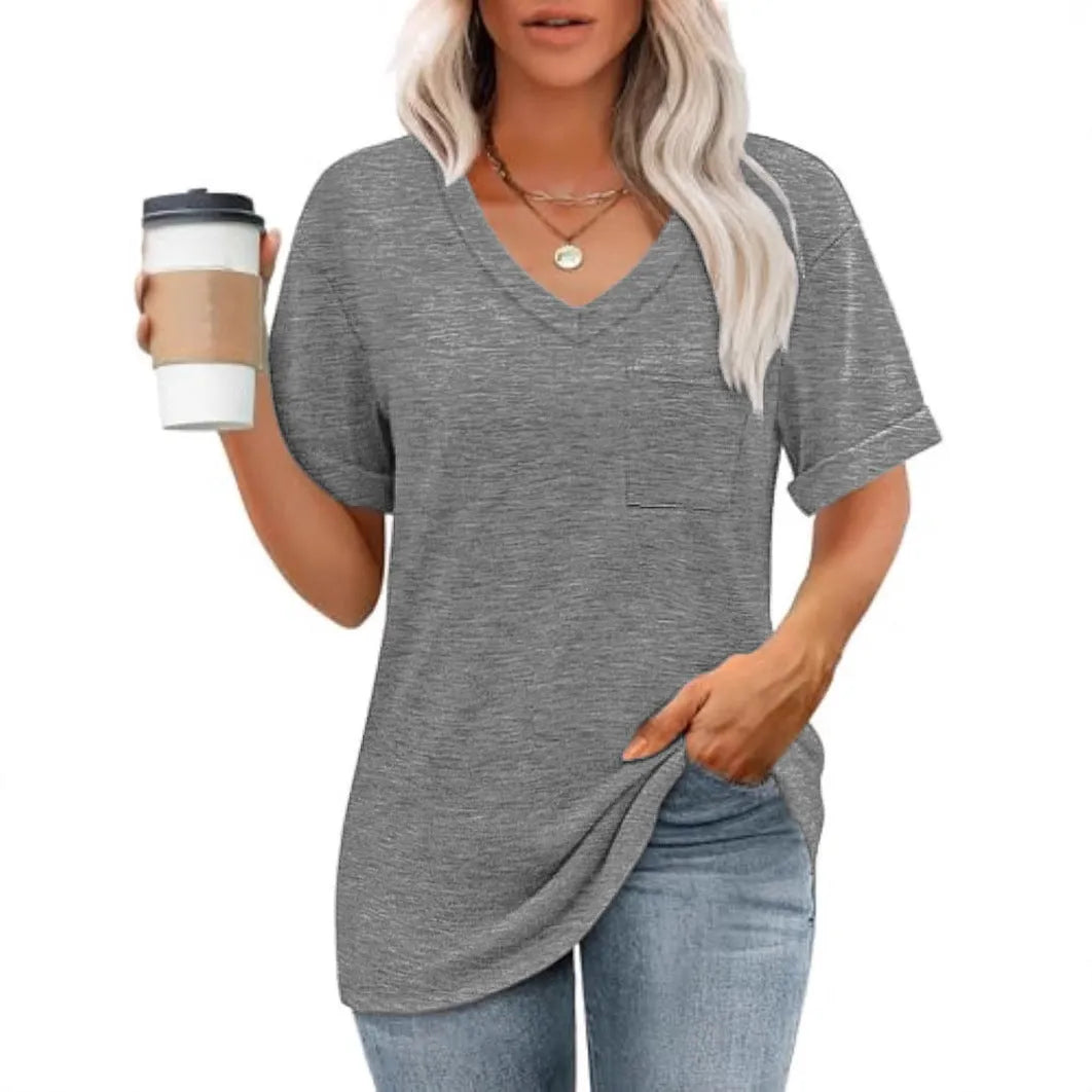 Grey loose V-neck t-shirt with chest pocket on mannequin showing Asian sizing label