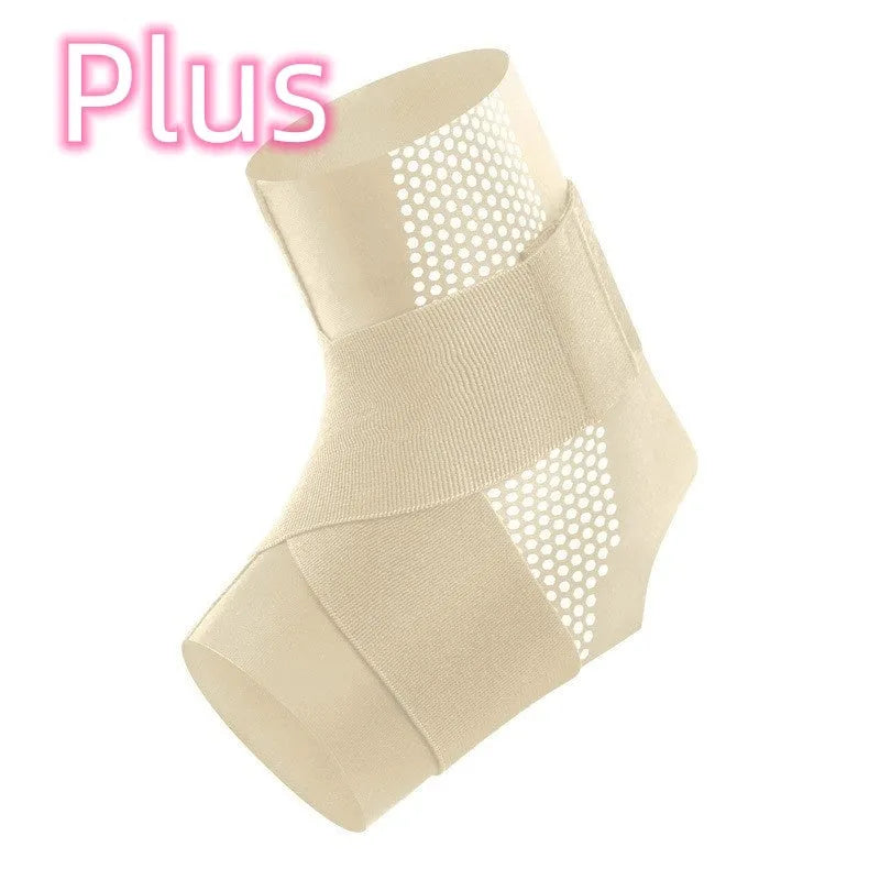 Black Lycra ankle support brace shown wrapped around an adult ankle