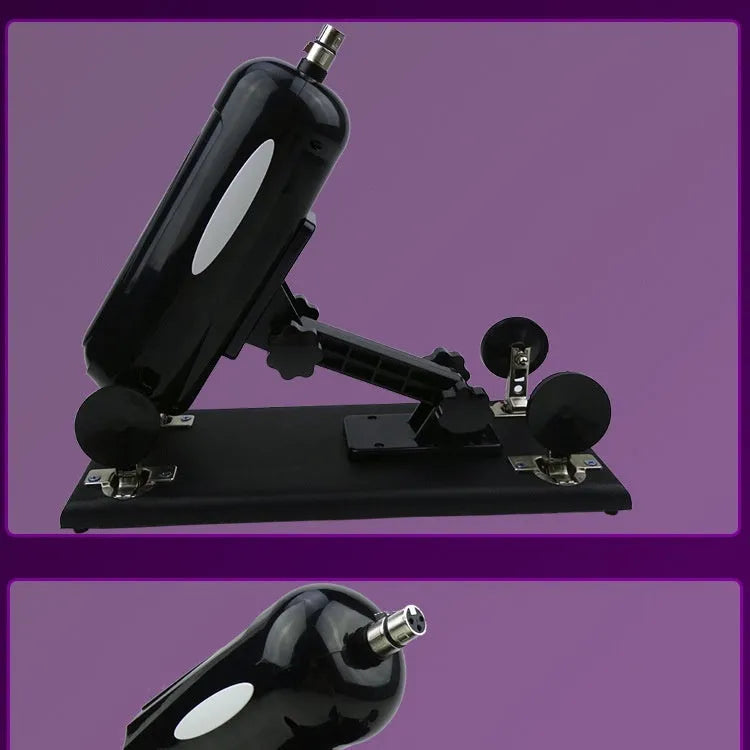 Purple automatic telescopic thrusting sex toy for women on a plain background.