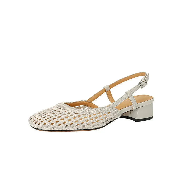 Women's black woven closed toe sandals with a square toe, buckle strap, and chunky 4cm heel.