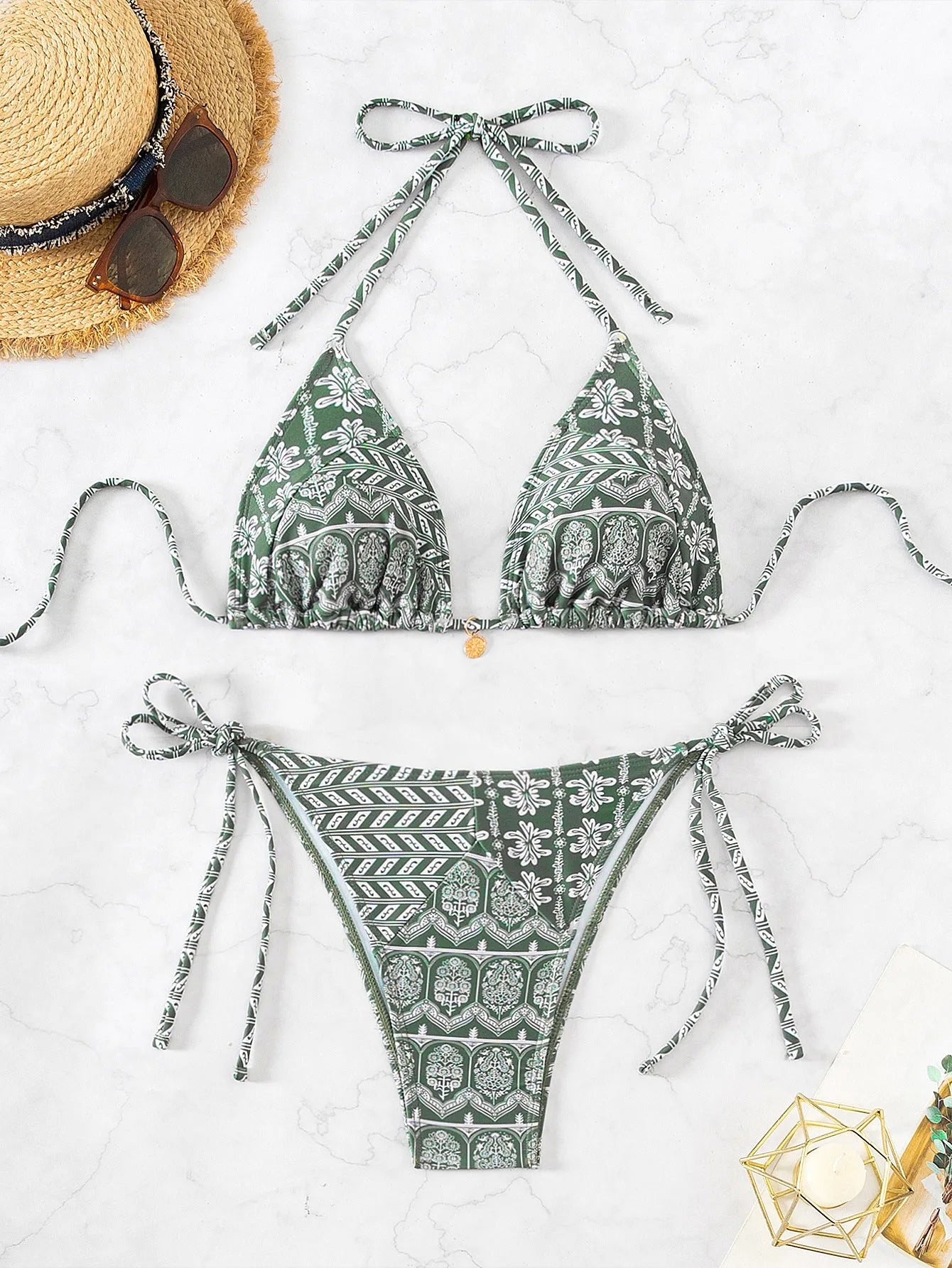 Women's split bikini swimsuit with bandage stitching in polyester fabric