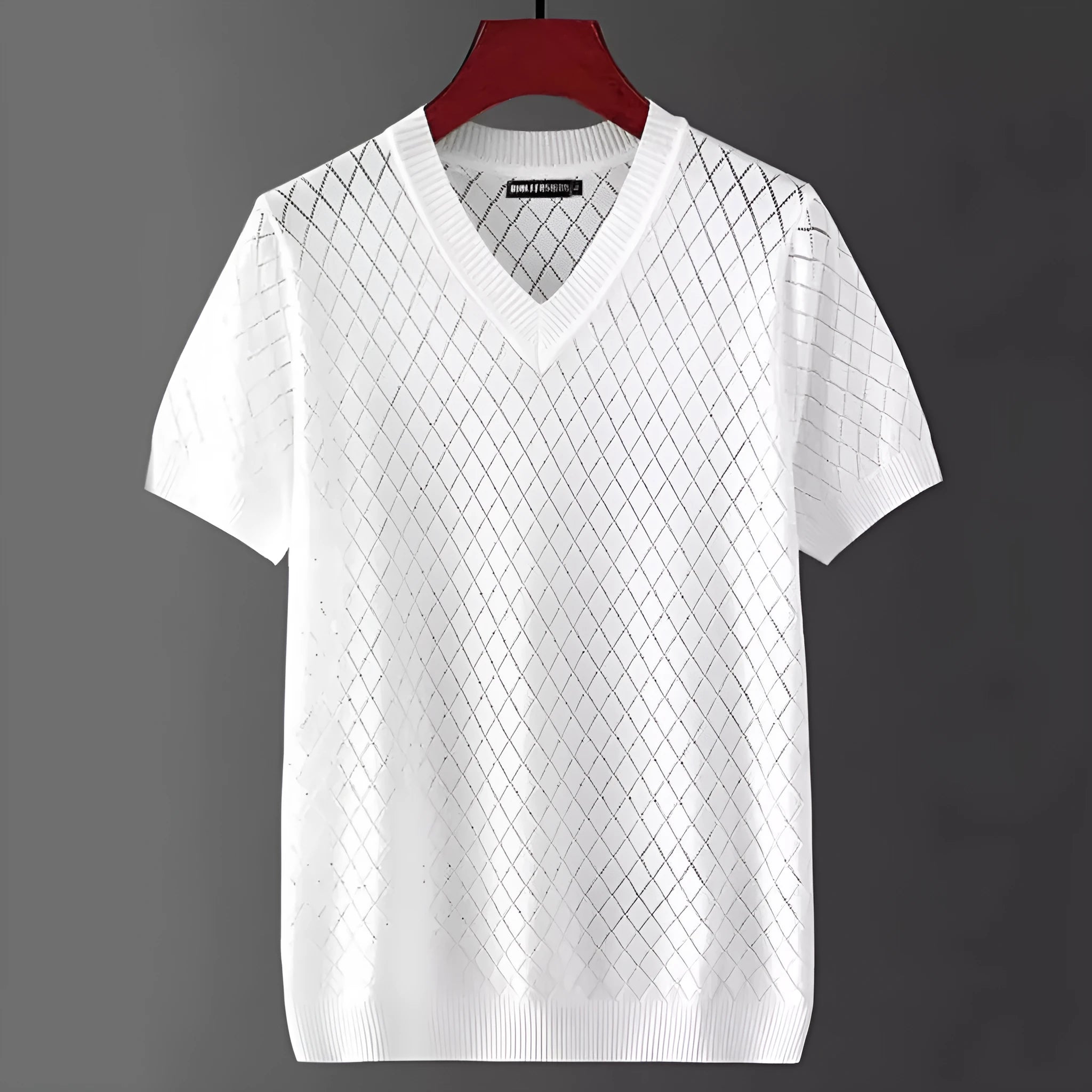 Men's ice silk short sleeve T-shirt shown in black and white, featuring both V-neck and round neck style options.
