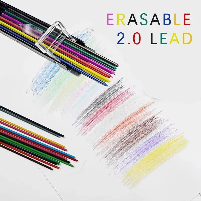Box of 12 rainbow-coloured 0.5mm mechanical pencil lead refills with plastic barrels