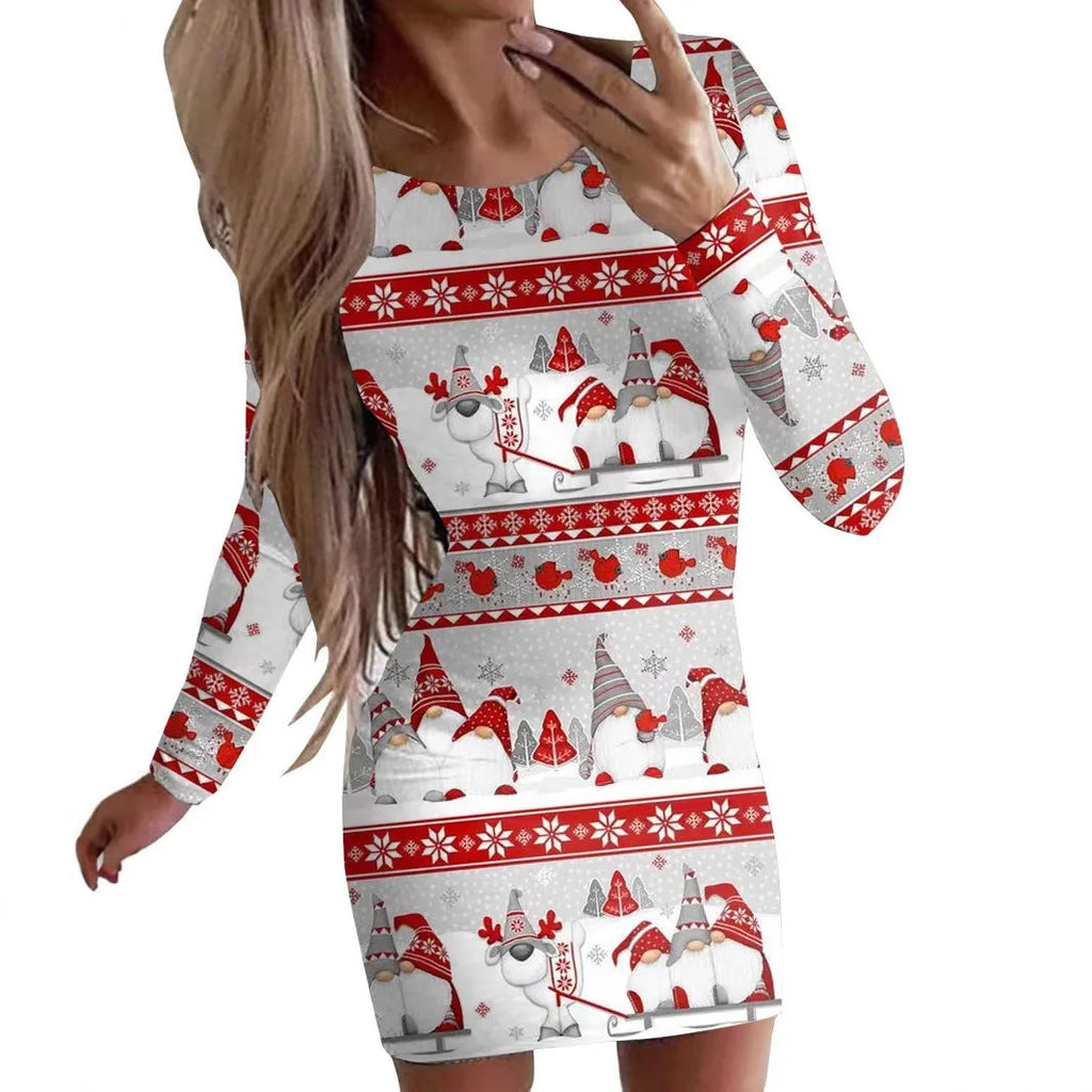 Women's Christmas printed polyester dress with animal pattern in floral colours, featuring round neck and long sleeves