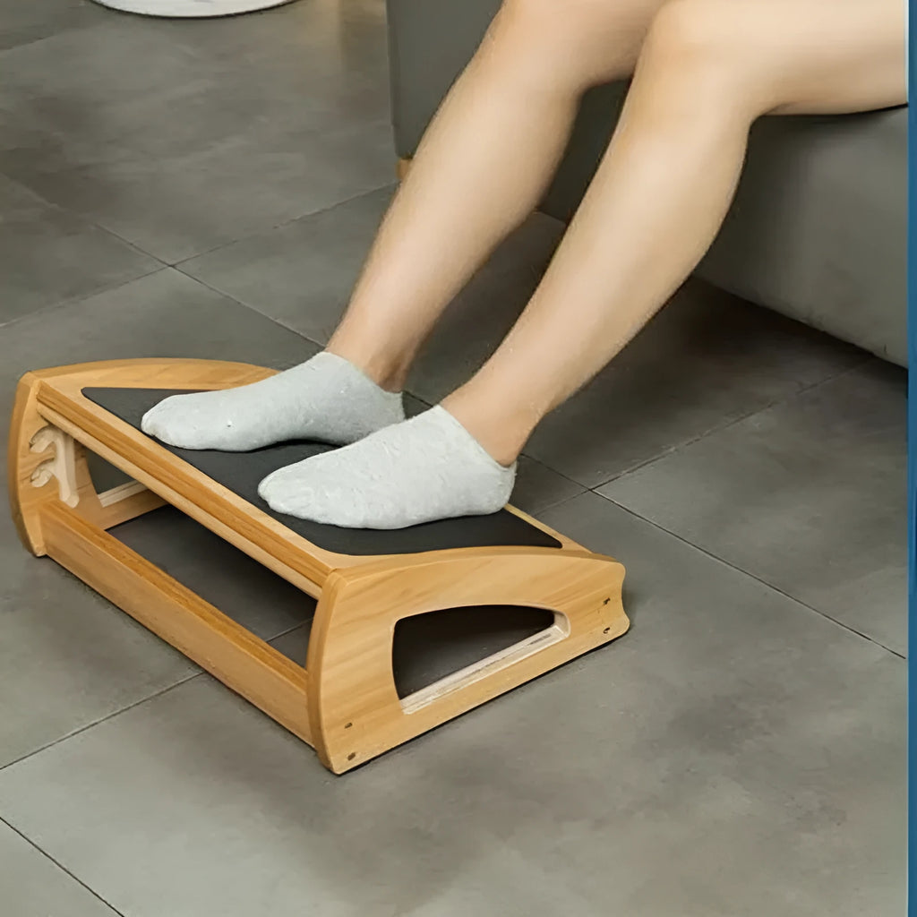 Wooden adjustable bamboo office desk footstool in wood colour