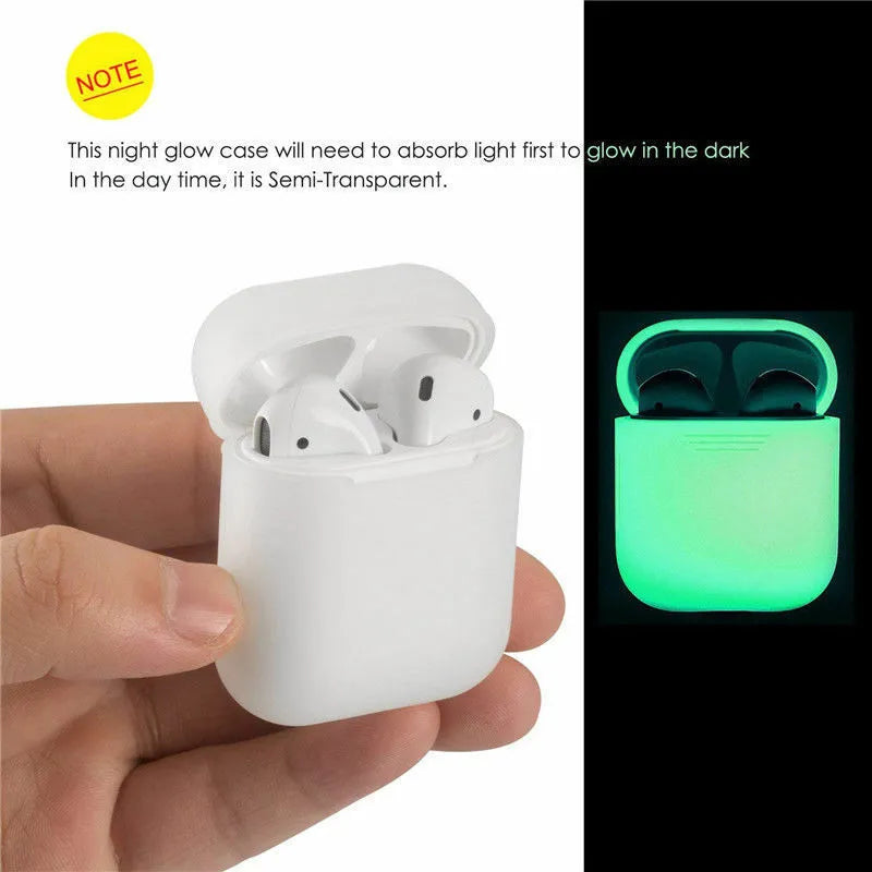 Luminous solid colour silicone flip-top protective case for Apple AirPods wireless earphones.