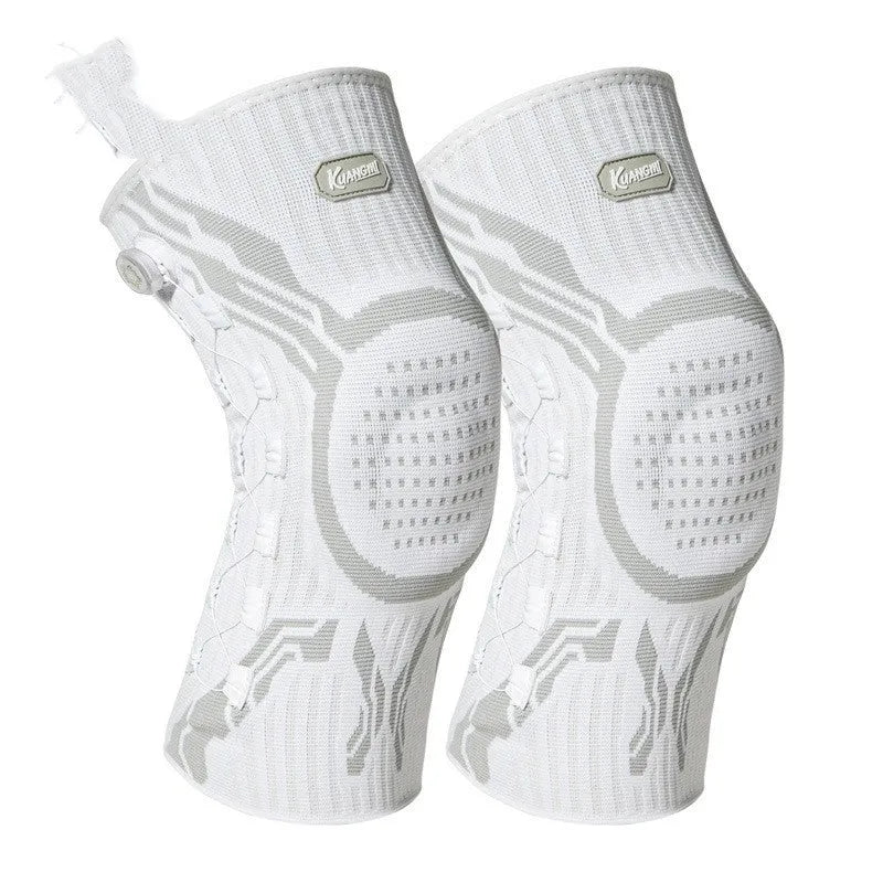 Grey and white sports knee pads for basketball, running, football, and badminton