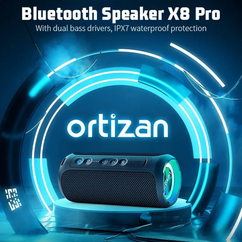Black and blue fabric wireless Bluetooth speaker with 40W power and waterproof rating